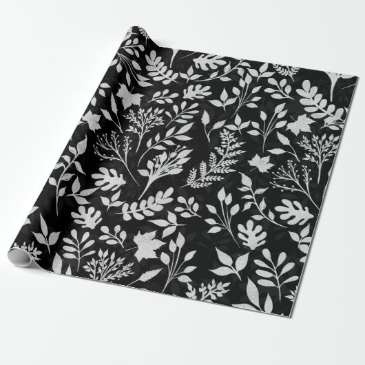 Elegant Silver Glitter Foliage Black Design Hoesje Cadeaupapier (Uitgerold)