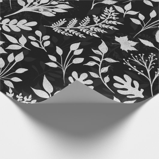 Elegant Silver Glitter Foliage Black Design Hoesje Cadeaupapier (Hoek)