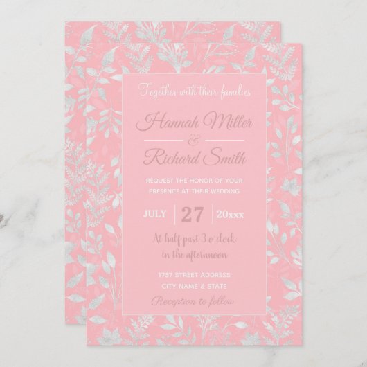 Elegant Silver Glitter Foliage Pink Design Kaart (Voorkant / Achterkant)