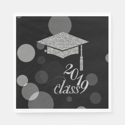 Elegant Silver Glitter Graduation Cap, Klasse 2019 Servet (Voorkant)