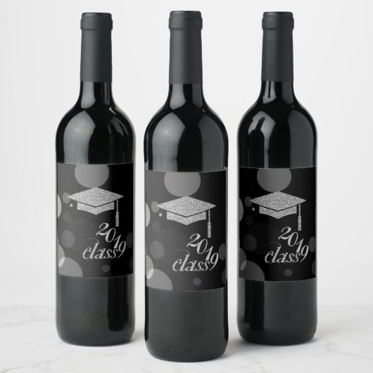 Elegant Silver Glitter Graduation Cap, Klasse 2019 Wijn Etiket (Flessen)