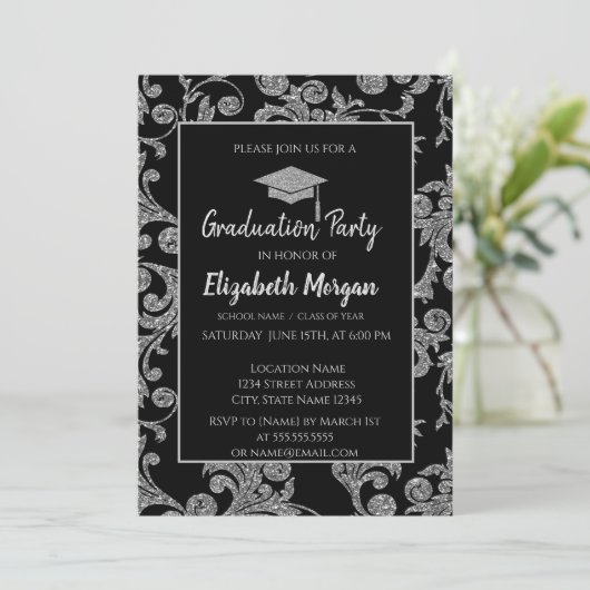 Elegant Silver Glitter Gradup, Swirls Kaart (Staand voorkant)
