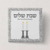 Elegant Silver Glitter Hebrew Shabbat Shalom Gift Vierkante Button 5,1 Cm (Voorkant)