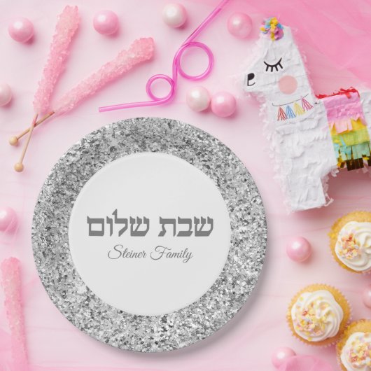 Elegant Silver Glitter Hebrew Shabbat Shalom Papieren Bordje (Feest)