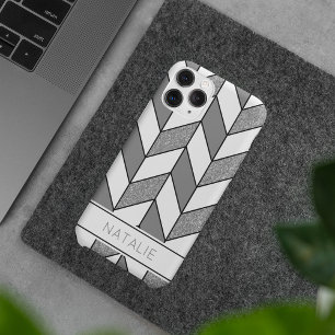 Elegant Silver Glitter Herringbone Chevron Pattern Case-Mate iPhone 14 Pro Hoesje