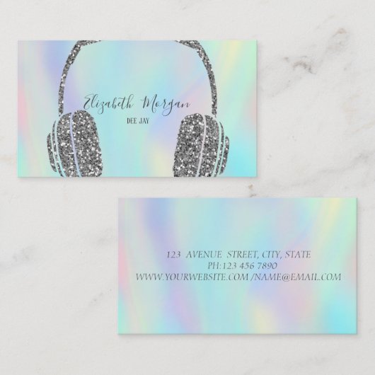 Elegant Silver Glitter-hoofdtelefoonholografisch Visitekaartje (Voorkant / Achterkant)