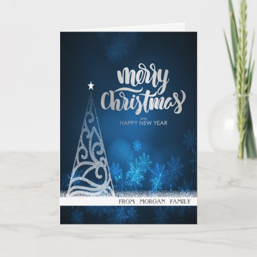Elegant Silver Glitter-kerstboom Blauw Feestdagen Kaart (Voorkant)