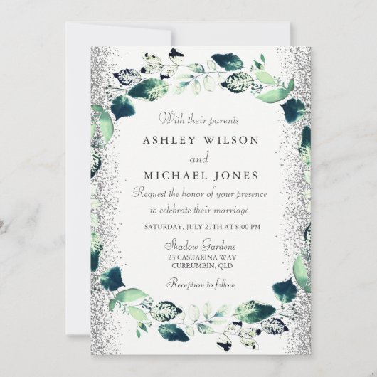 Elegant Silver Glitter Leaf Wreath Wedding Invite Kaart (Voorkant)