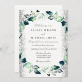 Elegant Silver Glitter Leaf Wreath Wedding Invite Kaart (Voorkant / Achterkant)