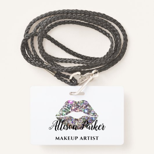 Elegant Silver Glitter Lips Makeup Artist Badge (Voorkant met draagriem)