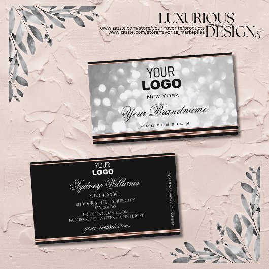 Elegant Silver Glitter Logo Black Roos Gold Border Visitekaartje