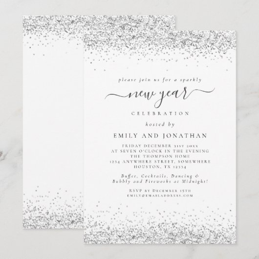 Elegant Silver Glitter Manuscript Nieuwe Jaren Eve Kaart (Voorkant / Achterkant)