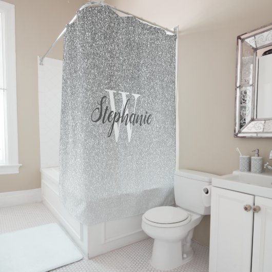 Elegant Silver Glitter Ombre Monogram Douchegordijn (In situ)