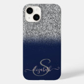 Elegant Silver Glitter Ombre, Navy Blue Monogram Case-Mate iPhone Case (Achterkant)