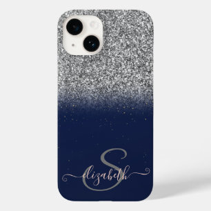 Elegant Silver Glitter Ombre, Navy Blue Monogram Case-Mate iPhone 14 Hoesje