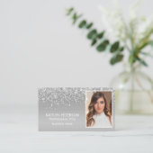 Elegant Silver Glitter Photo QR Code  Visitekaartje (Staand voorkant)
