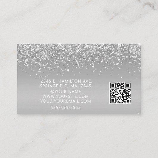 Elegant Silver Glitter Photo QR Code  Visitekaartje (Achterkant)