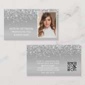 Elegant Silver Glitter Photo QR Code  Visitekaartje (Voorkant / Achterkant)