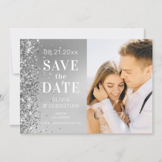 Elegant Silver Glitter Photo Weddenschap Save the  Save The Date (Voorkant)