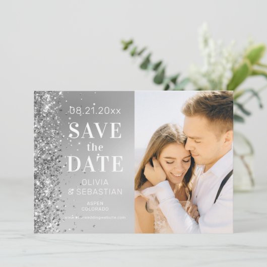 Elegant Silver Glitter Photo Weddenschap Save the  Save The Date (Staand voorkant)
