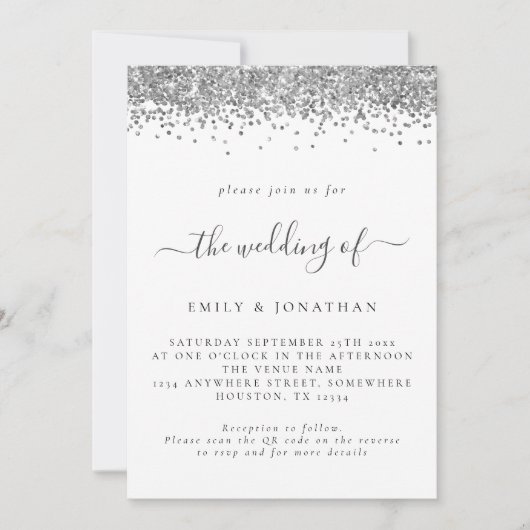 Elegant Silver Glitter QR code Weddenschap Uitnodi Kaart (Voorkant)