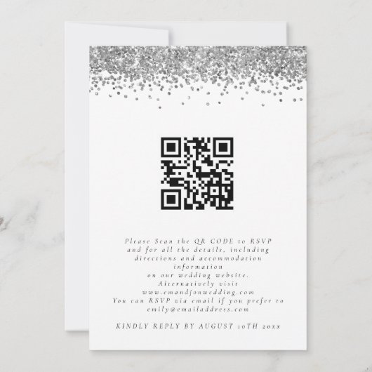 Elegant Silver Glitter QR code Weddenschap Uitnodi Kaart (Achterkant)
