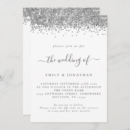 Elegant Silver Glitter QR code Weddenschap Uitnodi Kaart (Voorkant / Achterkant)