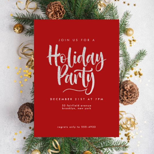 Elegant Silver Glitter Red Holiday Party Kaart
