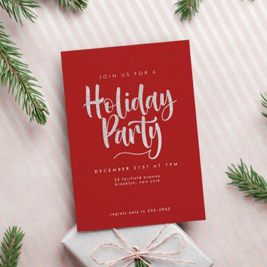 Elegant Silver Glitter Red Holiday Party Kaart