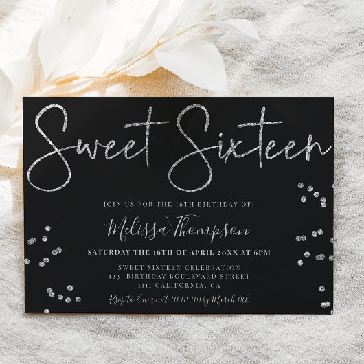 Elegant Silver Glitter script zwart Sweet 16 Kaart