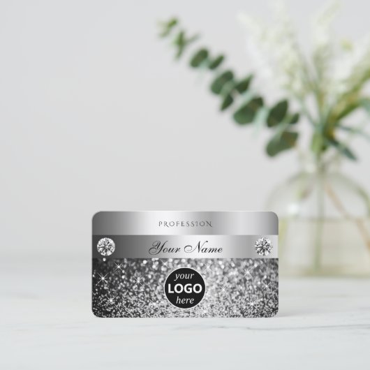 Elegant Silver Glitter Sparkle Jewels Logo Quality Visitekaartje (Staand voorkant)