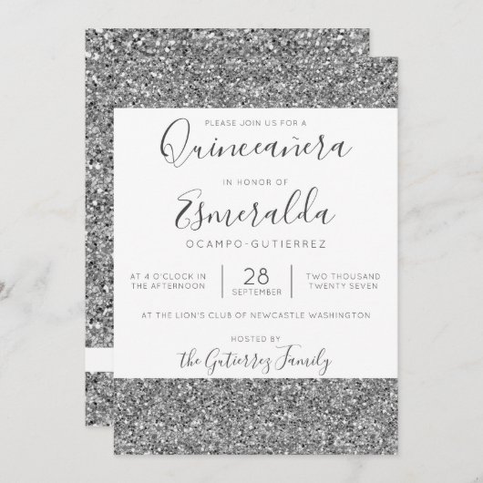 Elegant Silver Glitter Sparkle Quinceanera Kaart (Voorkant / Achterkant)