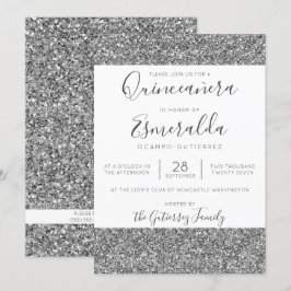 Elegant Silver Glitter Sparkle Quinceanera Kaart