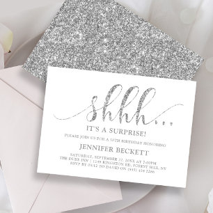 Elegant Silver Glitter Surprise Birthday Party Kaart