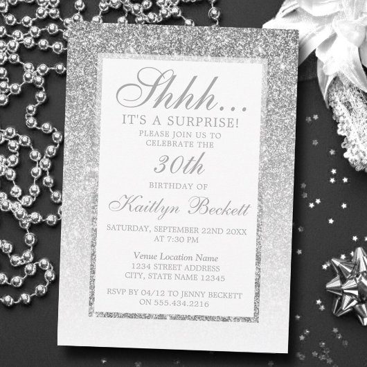 Elegant Silver Glitter Surprise Birthday Party Kaart