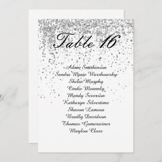 Elegant Silver Glitter Table Number Seating Charts Aankondiging (Voorkant / Achterkant)