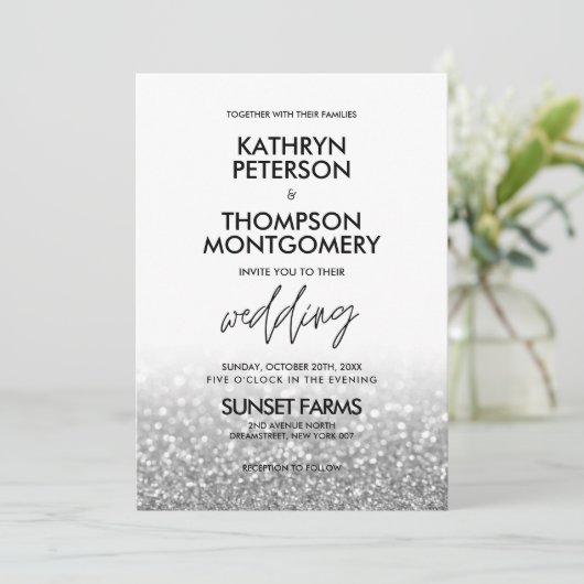 Elegant Silver Glitter Trendy Wedding Uitnodiging (Staand voorkant)