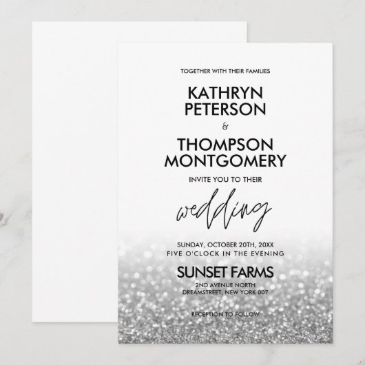 Elegant Silver Glitter Trendy Wedding Uitnodiging (Voorkant / Achterkant)