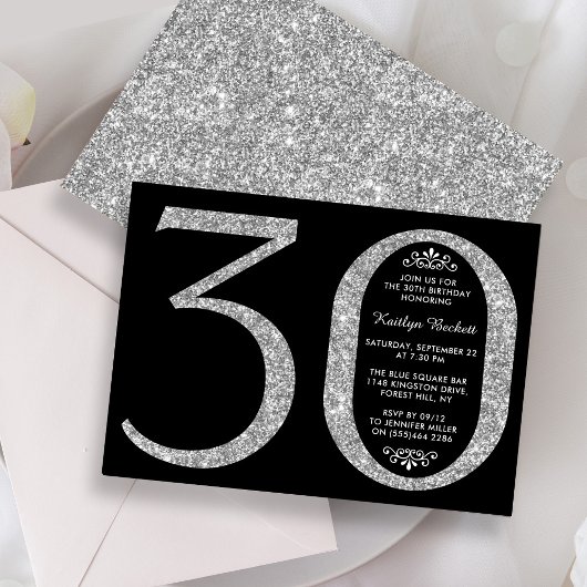 Elegant Silver Glitter Typografie 30th Birthday Kaart