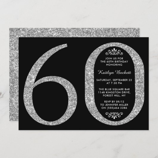 Elegant Silver Glitter Typografie 60th Birthday Kaart (Voorkant / Achterkant)