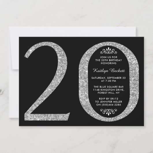 Elegant Silver Glitter Typography 20th Birthday Kaart (Voorkant)
