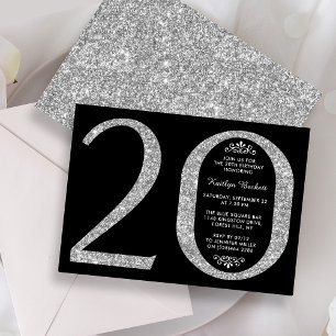 Elegant Silver Glitter Typography 20th Birthday Kaart