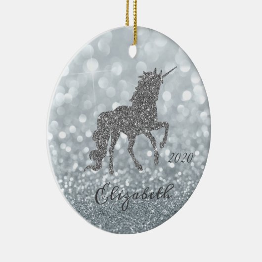 Elegant Silver Glitter Unicorn Bokeh Keramisch Ornament (Rechts)