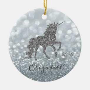 Elegant Silver Glitter Unicorn Bokeh Keramisch Ornament