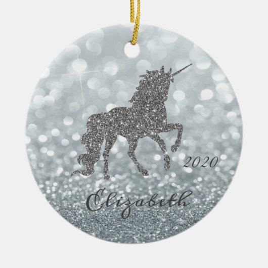 Elegant Silver Glitter Unicorn Bokeh Keramisch Ornament (Voorkant)
