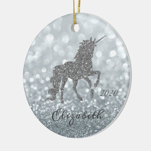 Elegant Silver Glitter Unicorn Bokeh Keramisch Ornament (Links)