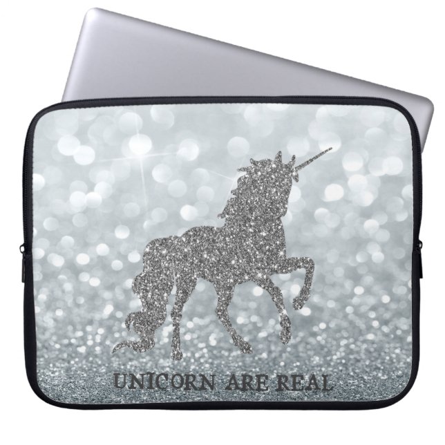 Elegant Silver Glitter Unicorn , Bokeh Laptop Sleeve (Voorkant)