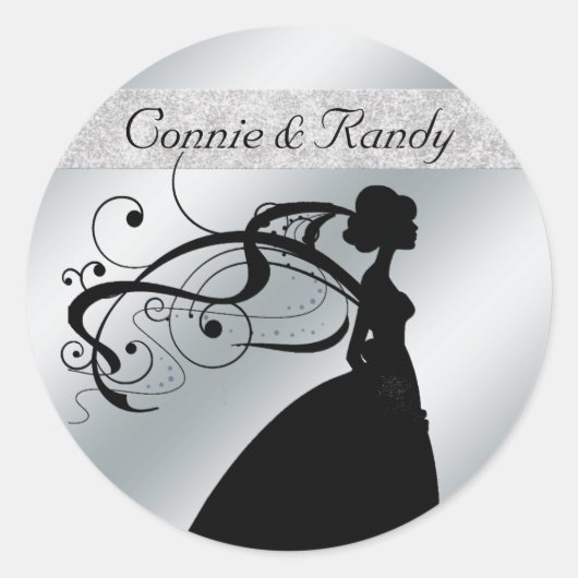 Elegant Silver Glitter Wedding Sticker met Bride (Voorkant)