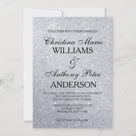 Elegant Silver Glitter Wedding Uitnodiging (Voorkant)