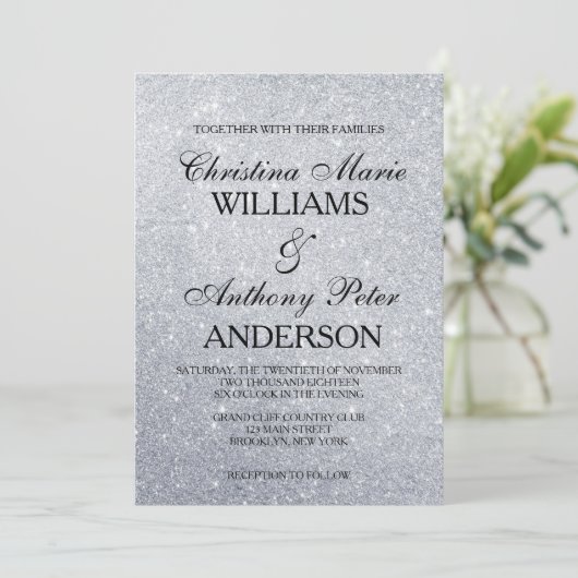Elegant Silver Glitter Wedding Uitnodiging (Staand voorkant)